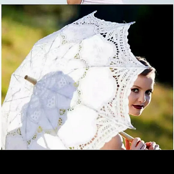 ❤️NWT A Set of Embroidery Victorian Parasol White Umbrella & Fan 32inch …